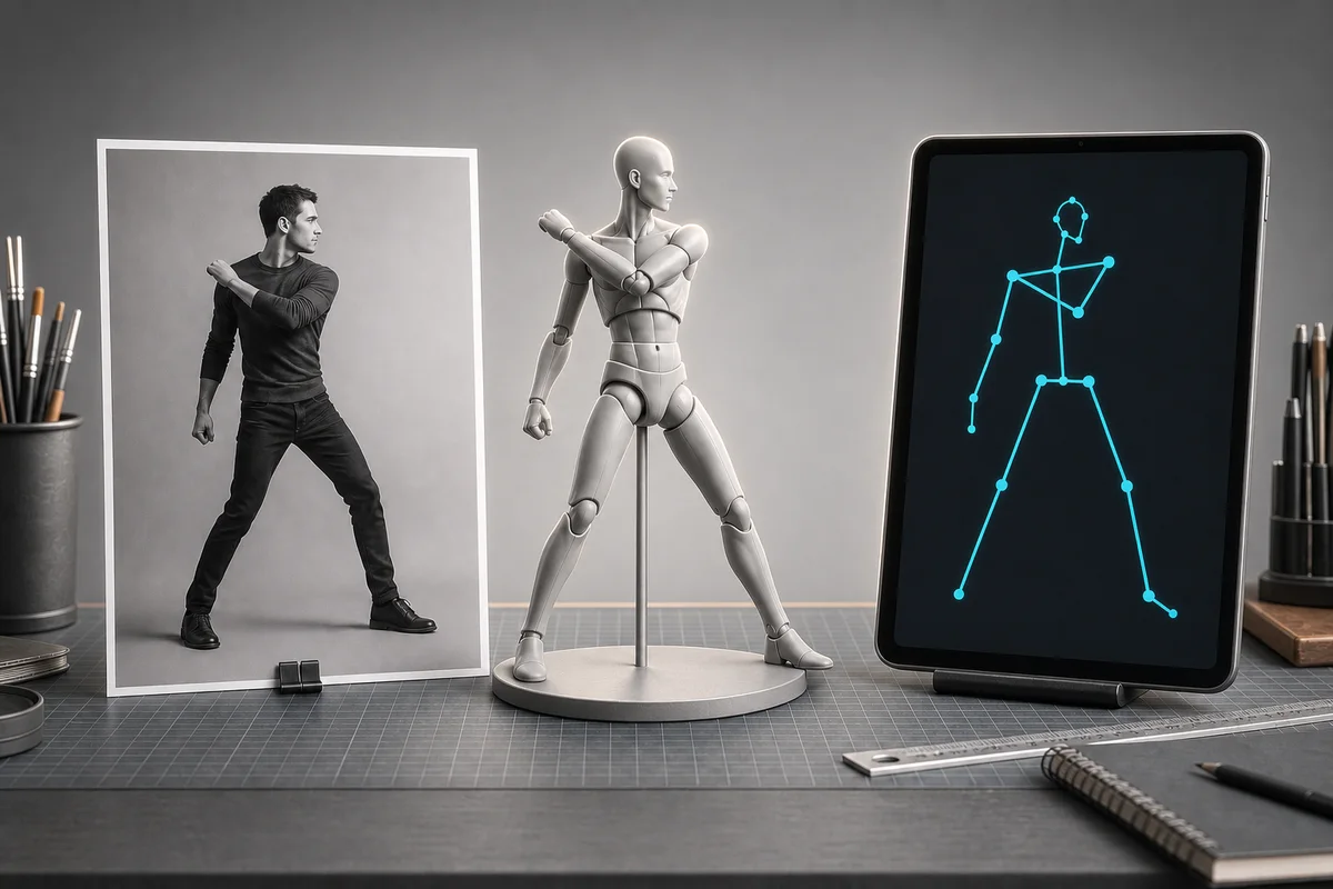 A photo pose reference, articulated 3D mannequin, and skeletal pose guide compared side by side