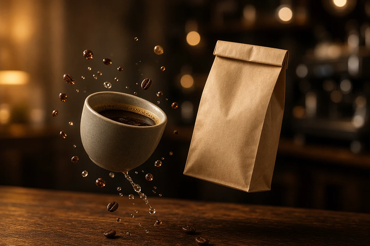 Ceramic coffee cup and kraft bag frozen mid-air above a walnut table, as if a camera is mid-orbit